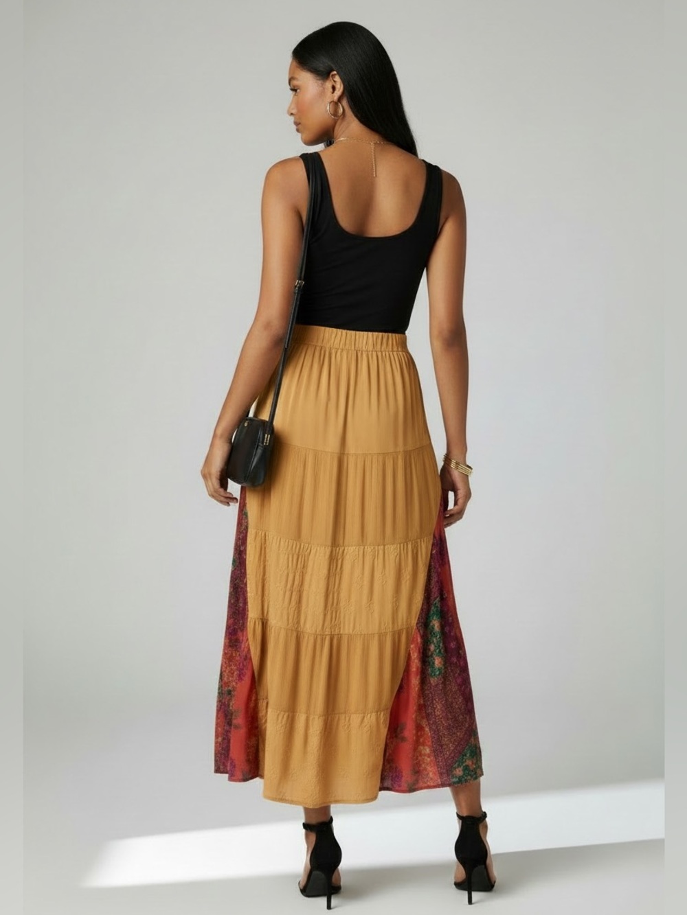 Mustard Tiered Maxi Skirt with Printed Side Panels - Picture 2 of 5
